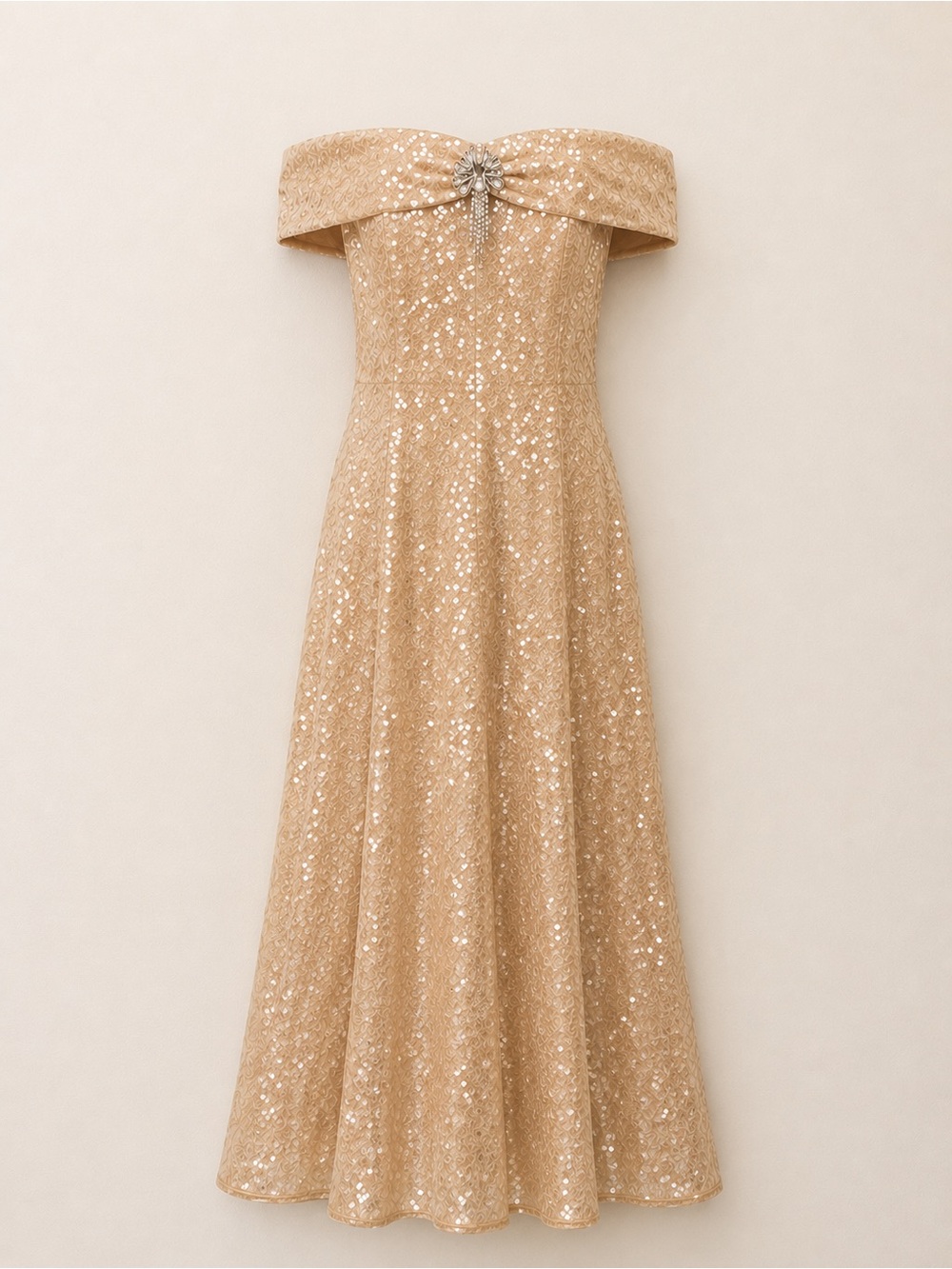 NWT Self-Portrait Gold Sequin Off Shoulder Midi Dress Size 2 US UK6